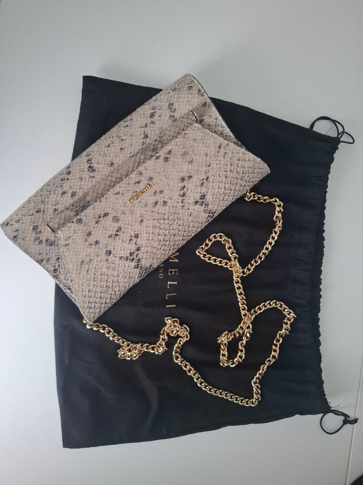 Piumelli Milano envelope clutch / crossbodytas met slangenpr, Handtassen en Accessoires, Ophalen of Verzenden, Gebruikt, Avondtasje