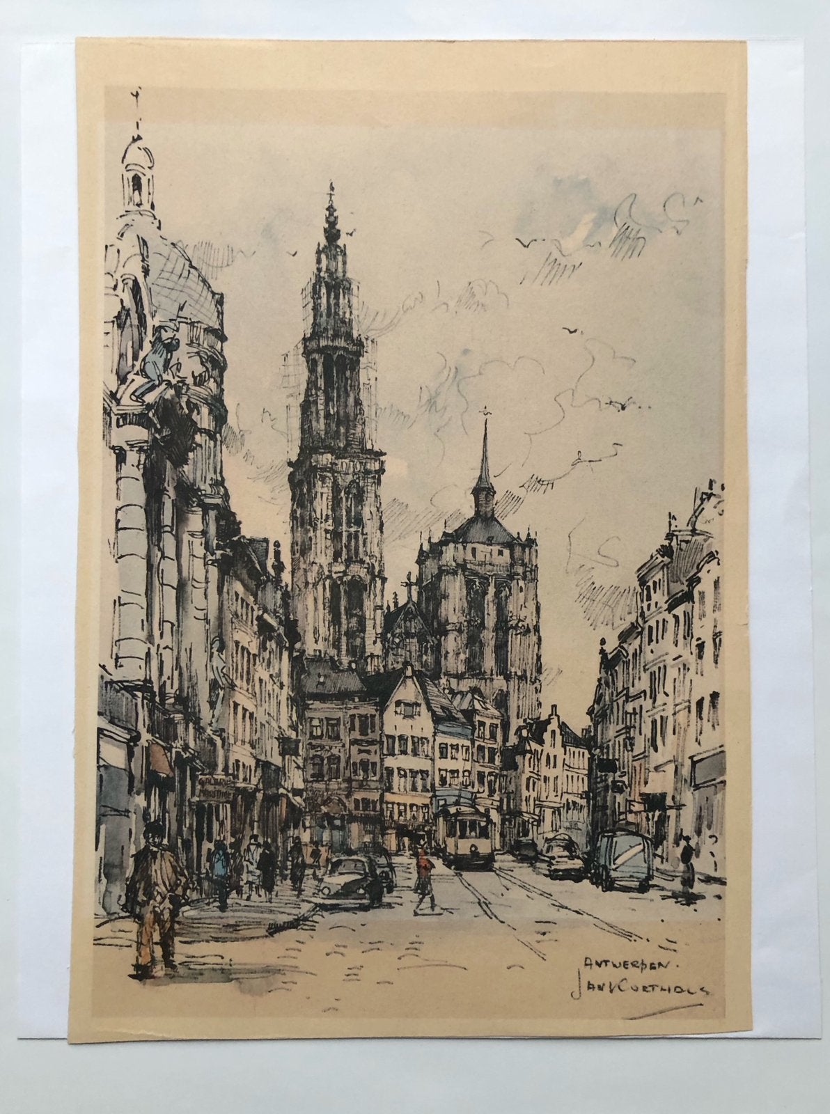 Jan Korthals: reproductie Antwerpen Vintage Kunstdruk, Antiek en Kunst, Met glas, Ophalen