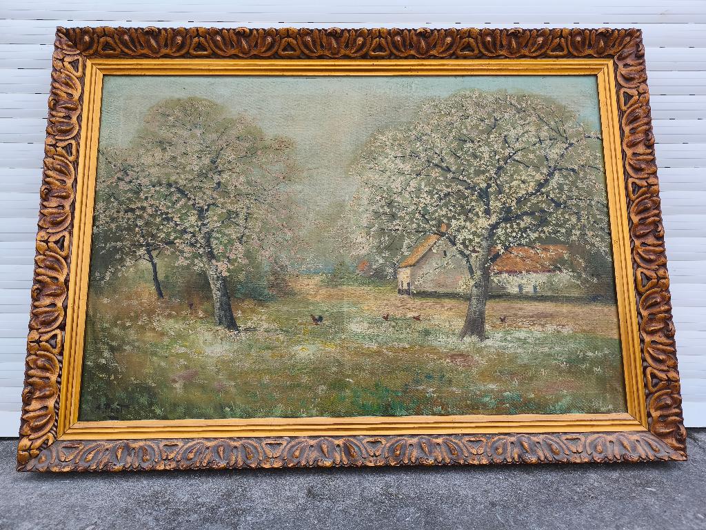 Huile sur toile fermette signe aldophe poot, Antiek en Kunst, Kunst | Schilderijen | Klassiek, Ophalen
