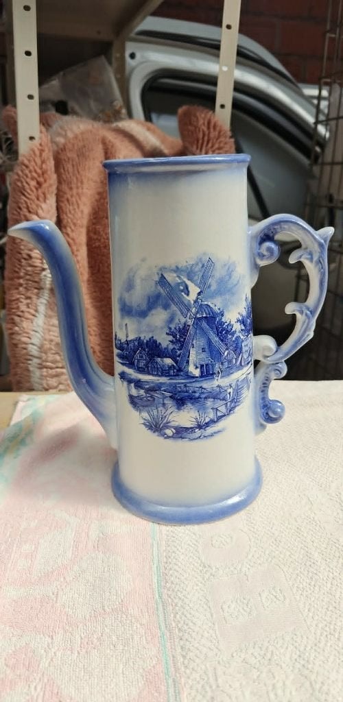 kan vaas delfst blauw print hollandse molen H30, Met handvat, Blauw, Ophalen of Verzenden, Zo goed als nieuw