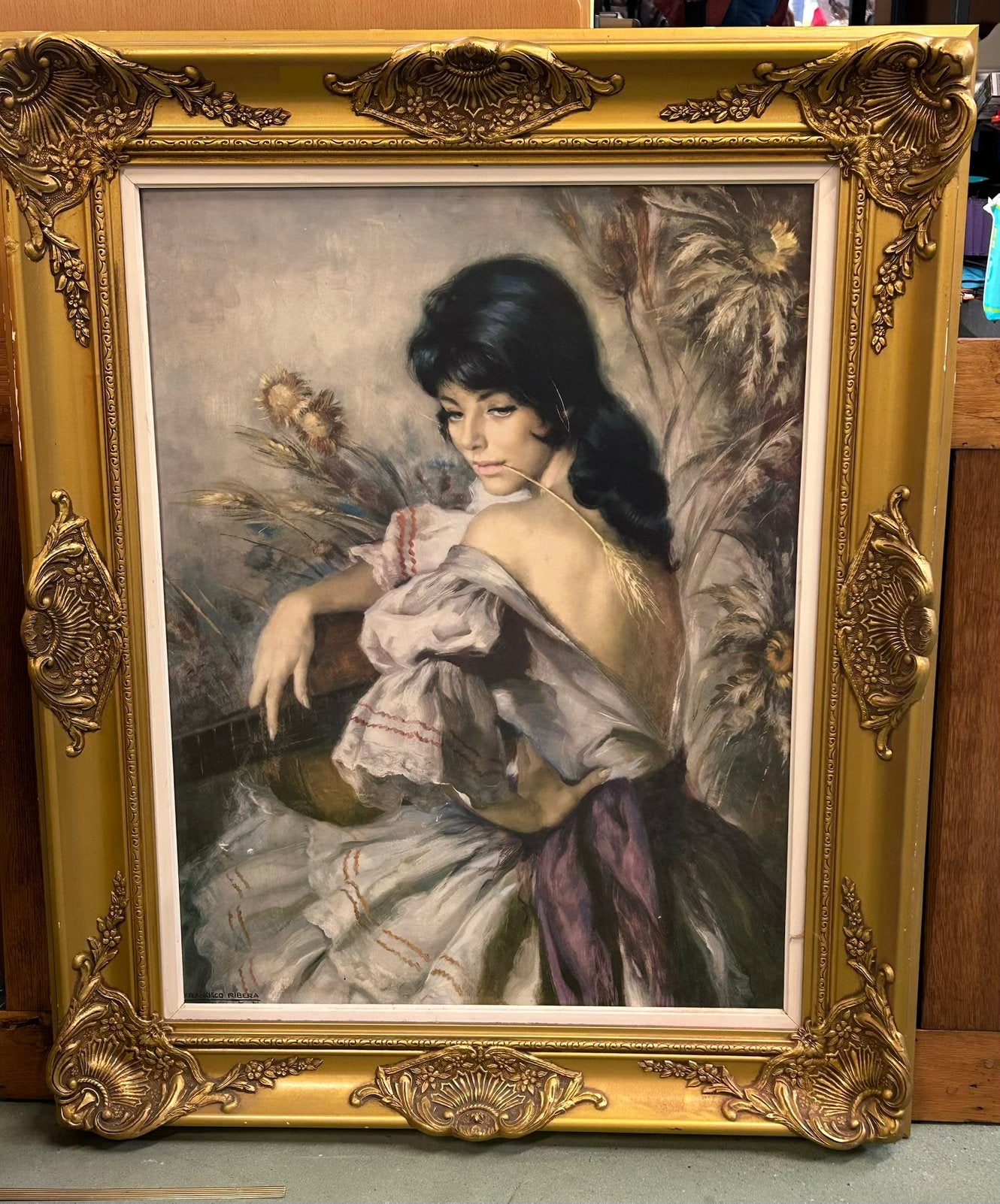 "The gypsy with a golden wheat" met gouden kader, Antiek en Kunst, Portret of Personen, Overige ondergronden, Ophalen of Verzenden