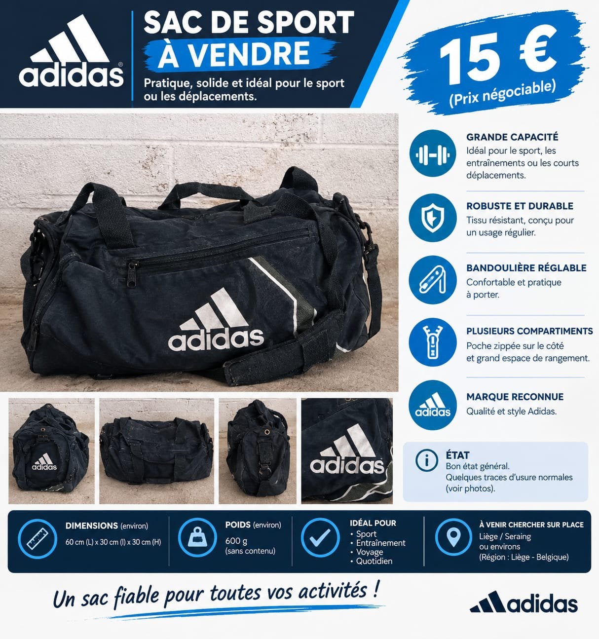 Sac de sport Adidas noir – Grande capacité – Bon état, Ophalen of Verzenden, Zo goed als nieuw