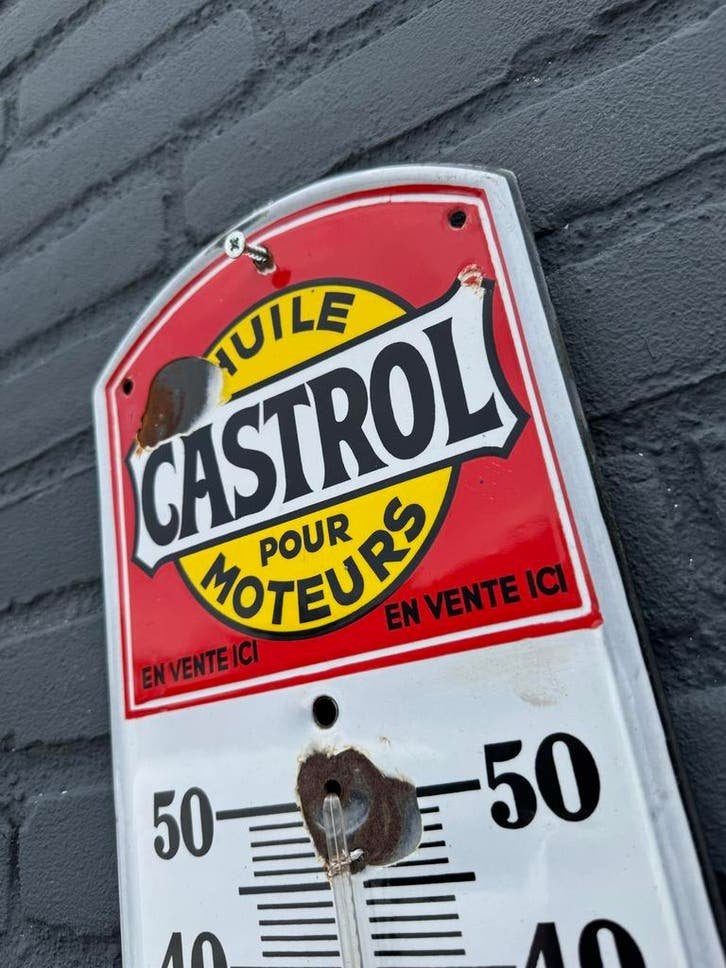 Vintage Castrol Thermometer - Emaille Buitenthermometer, Antiek en Kunst, Ophalen of Verzenden