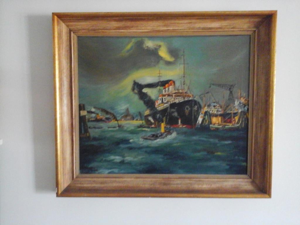 MOOI OUD OLIE VERF SCHILDERIJ OP DOEK " HAVENZICHT  ", Antiek en Kunst, Kunst | Schilderijen | Klassiek, Ophalen