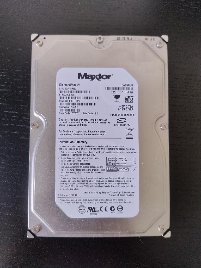 Maxtor 320GB 3.5" HDD (getest=gezond & 0 fouten), Maxtor, Intern, PATA, HDD