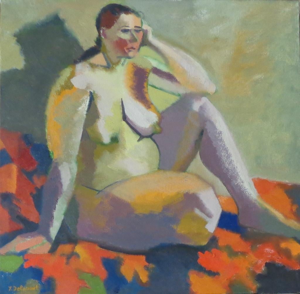 YOLANDE DELCOURT / PENSIVE / OLIEVERF DOEK / 66x66cm / KADER, Enlèvement ou Envoi, Signé, Peinture à l'huile