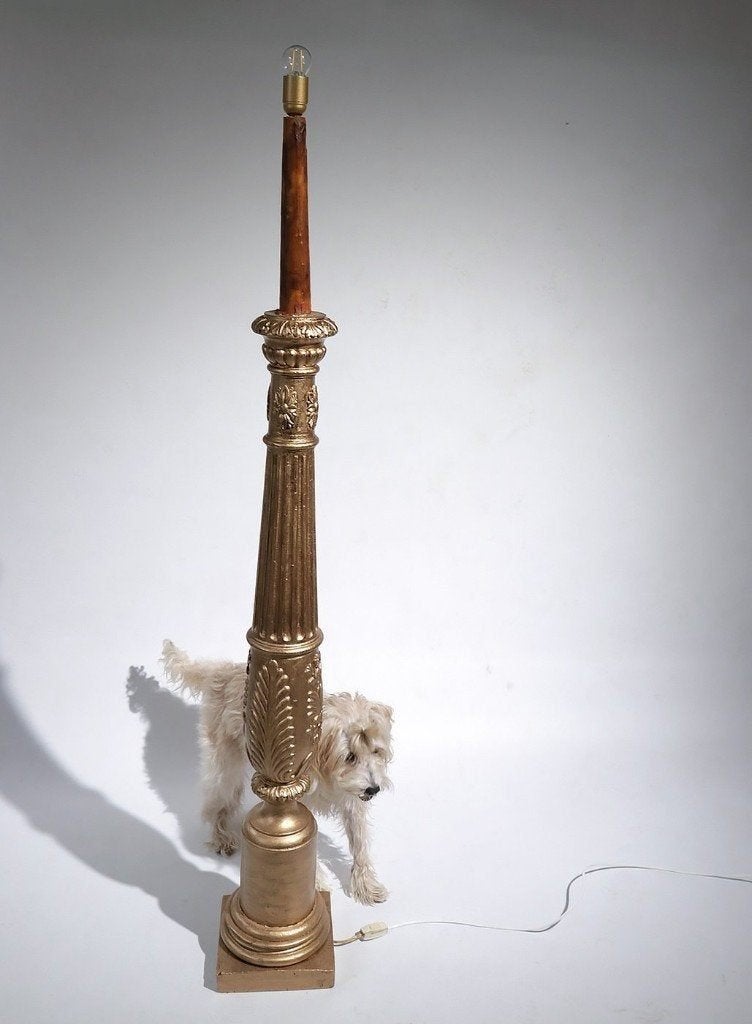XL Antieke Kaars- Lamp Staande Lamp Goud, Ophalen, Hout, 150 tot 200 cm