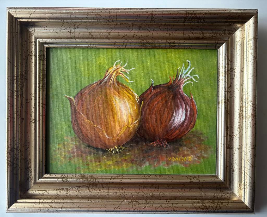 Prachtige uien olieverf schilderij. Gesigneerd: V. Daele I., Ophalen