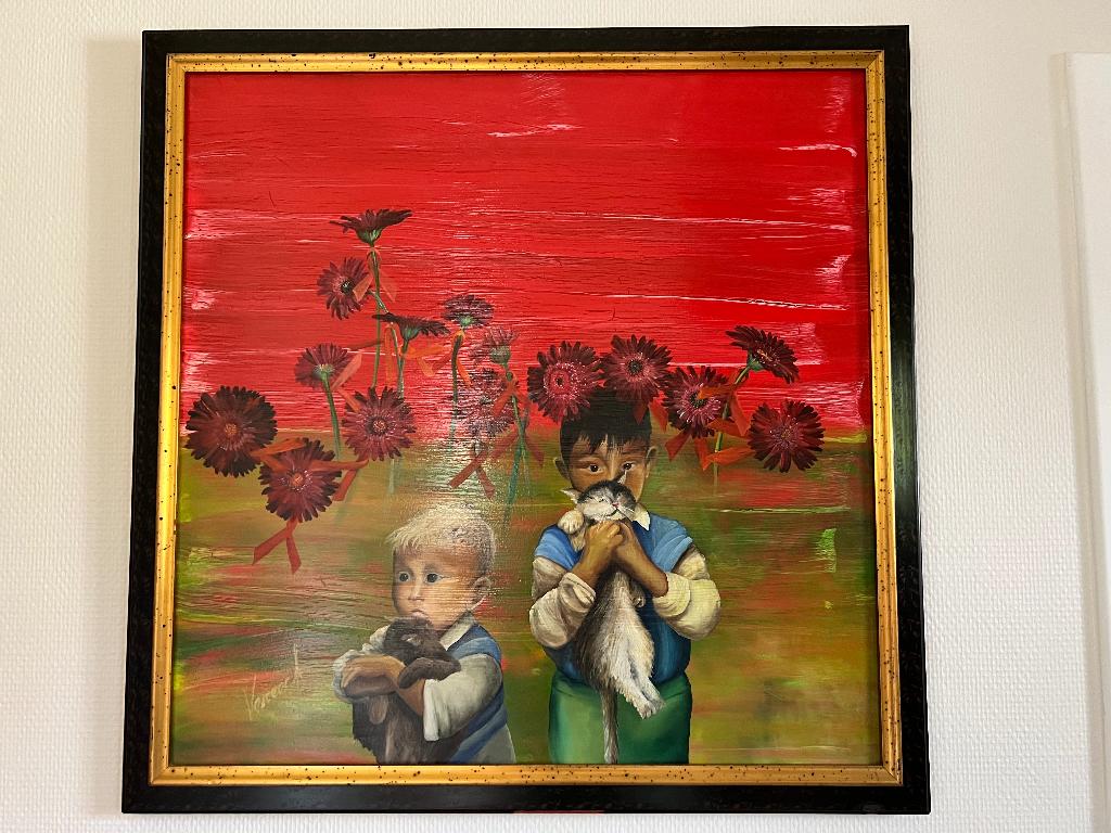Magnifique tableau Enfant avec chats signé par Vereeck, Enlèvement