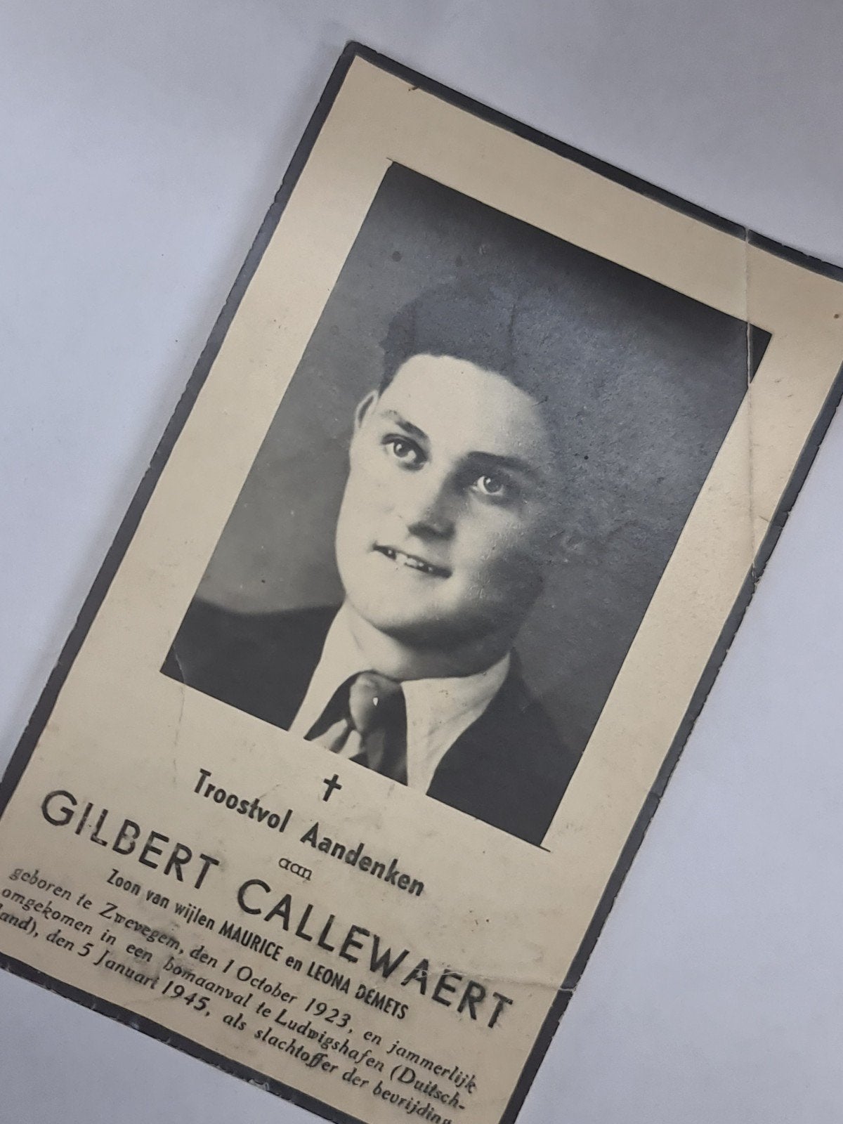 oorlogsslachtoffer Gilbert Callewaert, Ophalen of Verzenden, Bidprentje
