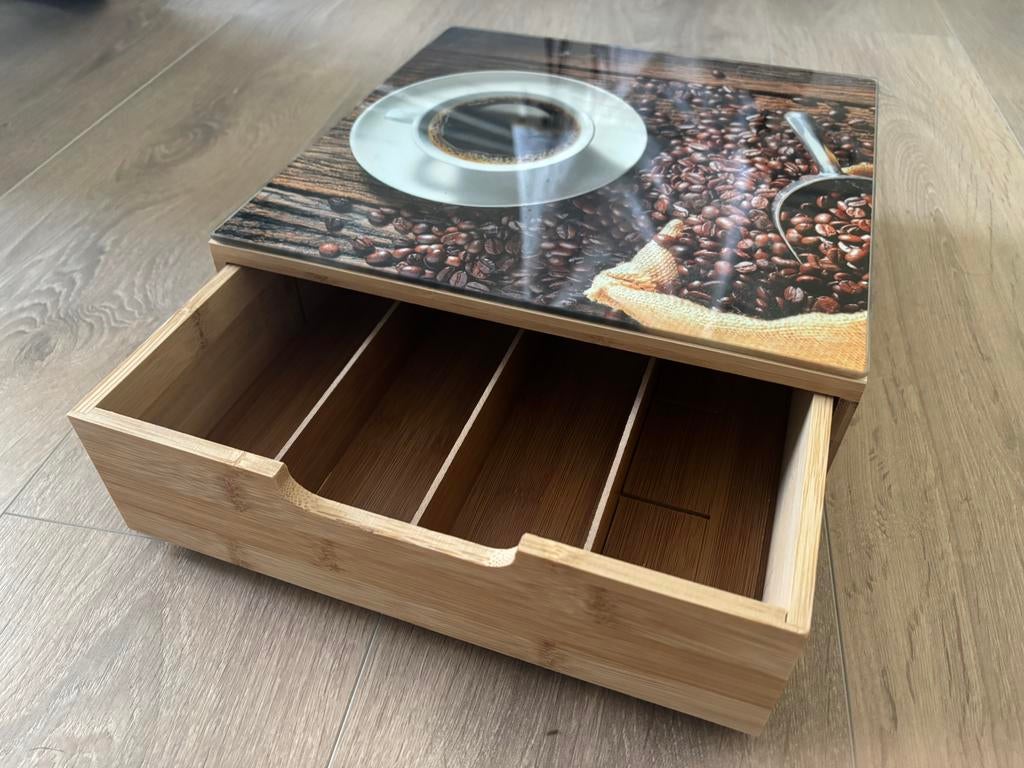 Koffie/thee opbergdoos met vakjes – houten organizer, Enlèvement, Comme neuf