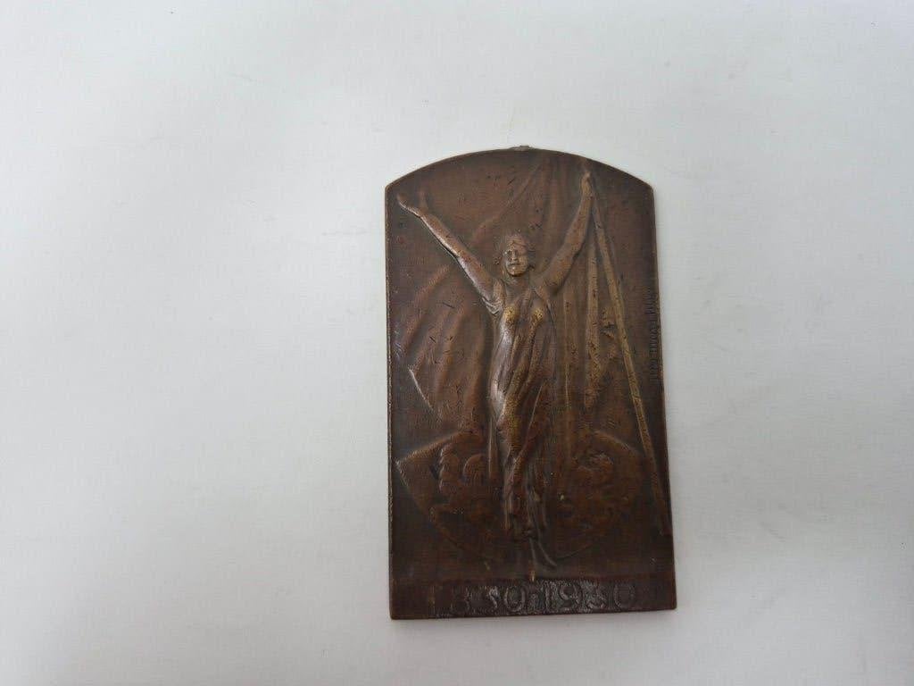 Bronzen Art Deco plaquette – Cortège des Drapeaux Luik –, Ophalen, Brons