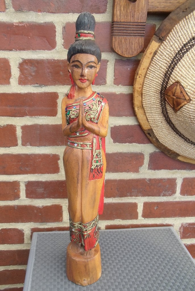 statue bienvenue en bois Thaïlande 50 cm - deux disponibles, Bois, Enlèvement ou Envoi, Asie, Peint