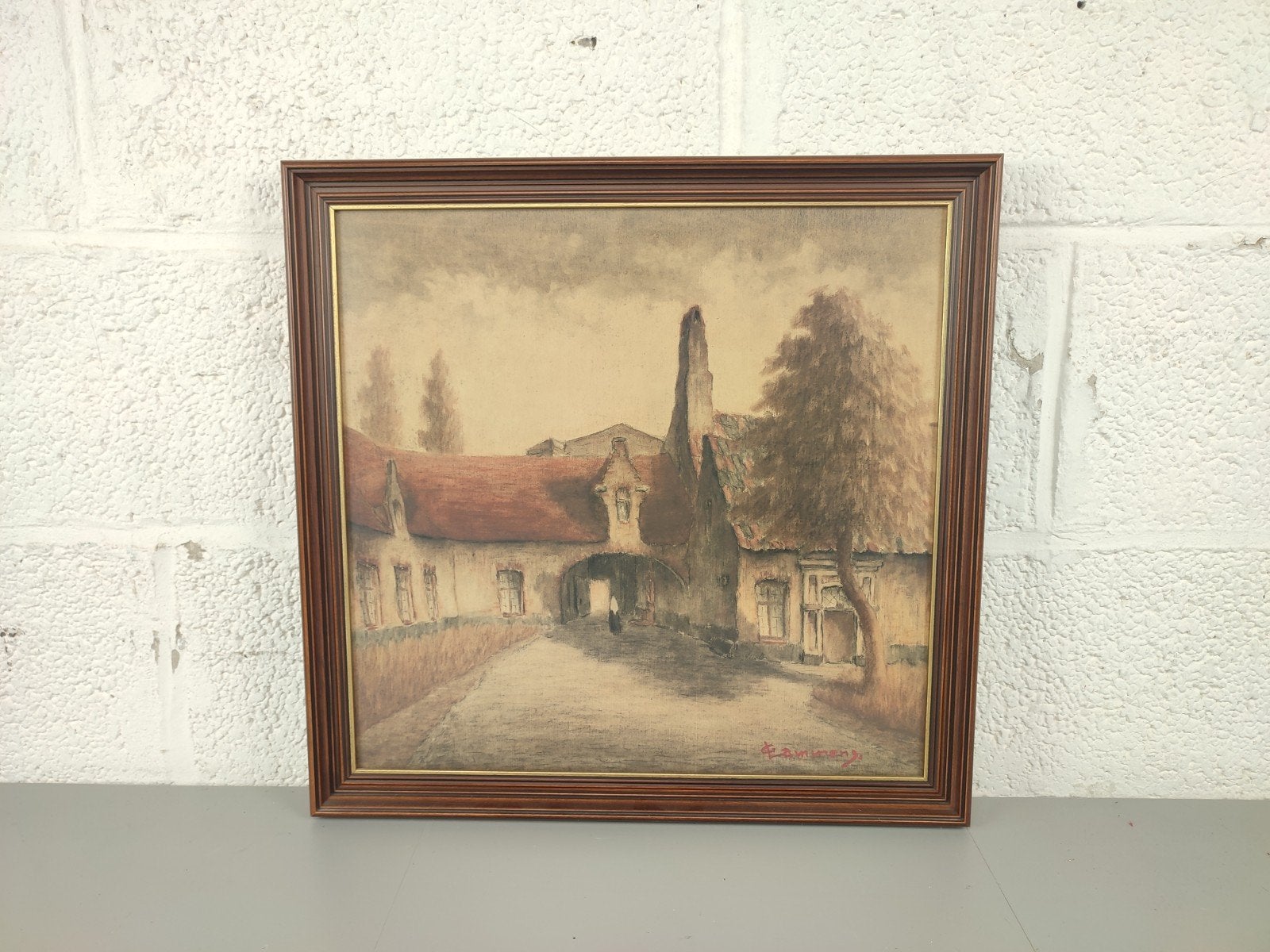 George Lammens - pastel Begijnhof, Enlèvement ou Envoi, Vintage, Sous verre, Pastel