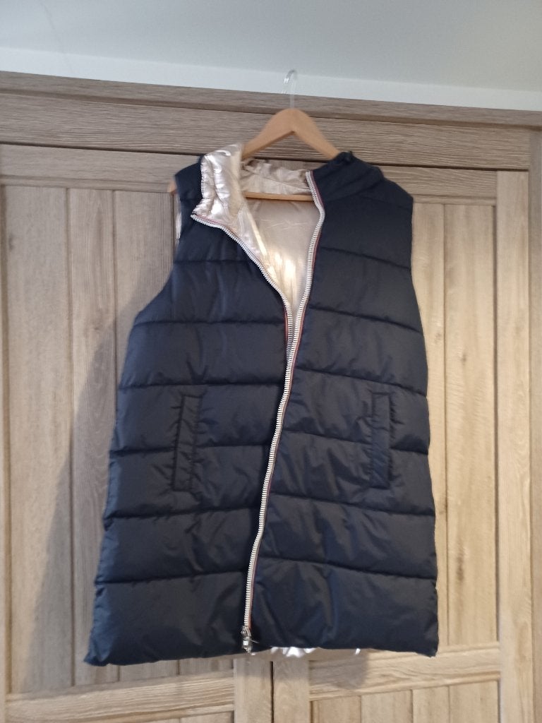 Damesjas zonder mouwen+kap (blauw), Comme neuf, Enlèvement, Bleu, Taille 42/44 (L)