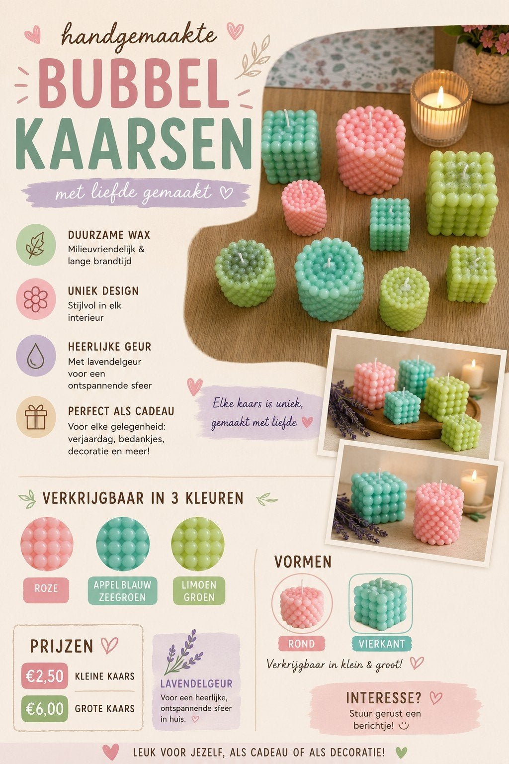 handgemaakte kaarsen, Huis en Inrichting, Ophalen, Overige materialen, Beige, Nieuw