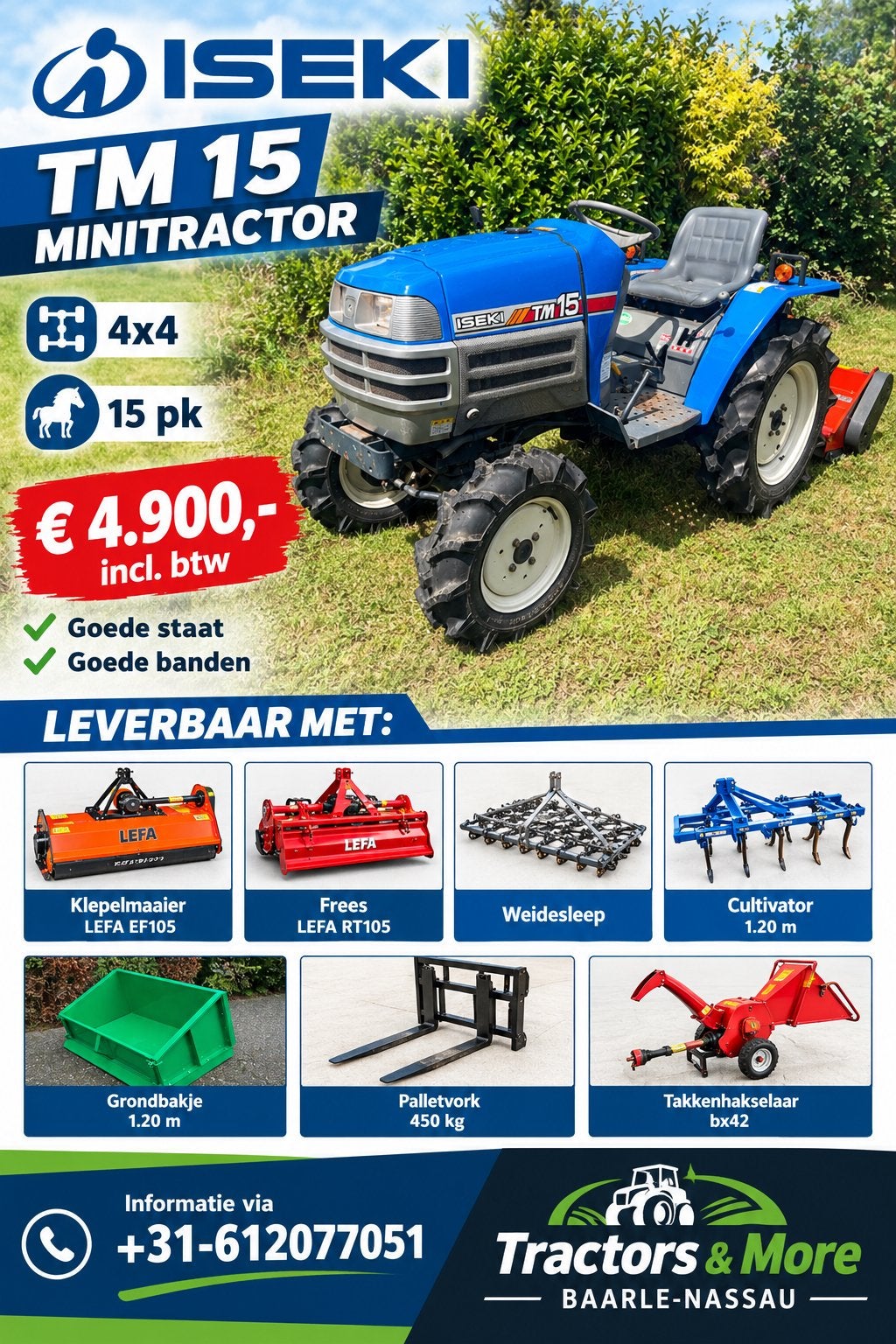 Iseki Minitractor|4x4|16 PK| Piste-Sleep-culter-maaier-Frees, Ophalen