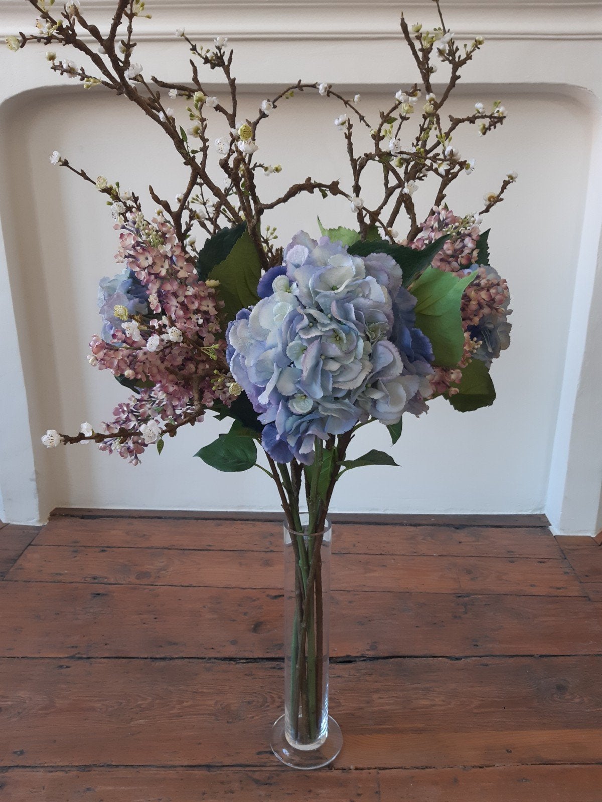 boeket kunstbloemen in glazen vaas, Ophalen, Zo goed als nieuw, Kunststof, Boeket