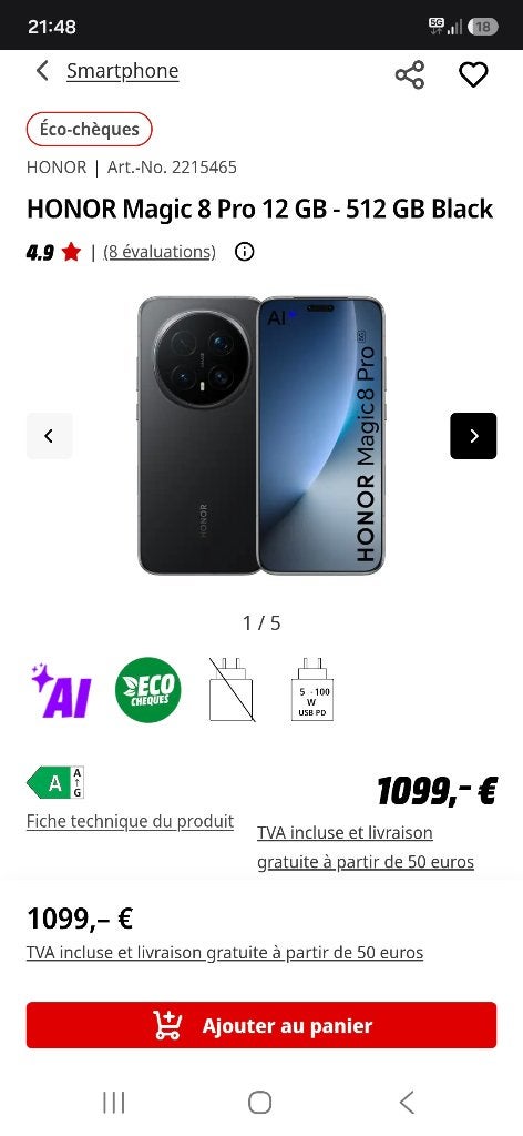 Honor 8 pro 513gb, 512 GB, Enlèvement, Neuf, Noir