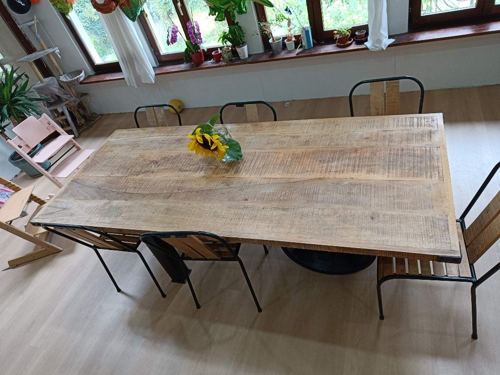 XXL tafel „Steamroller” van 240 cm + 6 BARAK7-stoelen, 100 tot 150 cm, 200 cm of meer, Zo goed als nieuw, Vijf personen of meer