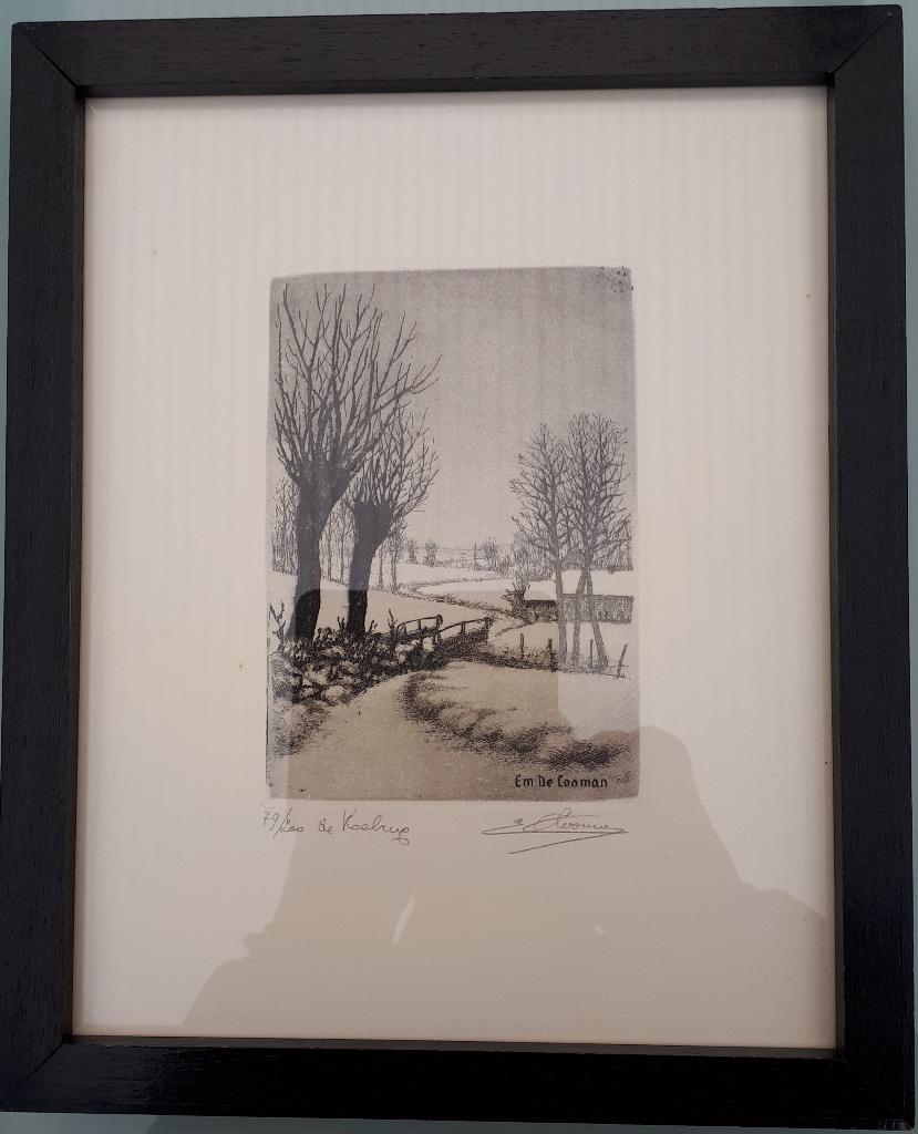 Ets van Emiel De Cooman, Antiek en Kunst, Kunst | Etsen en Gravures, Ophalen, 26 cm, Ingelijst, Landschap