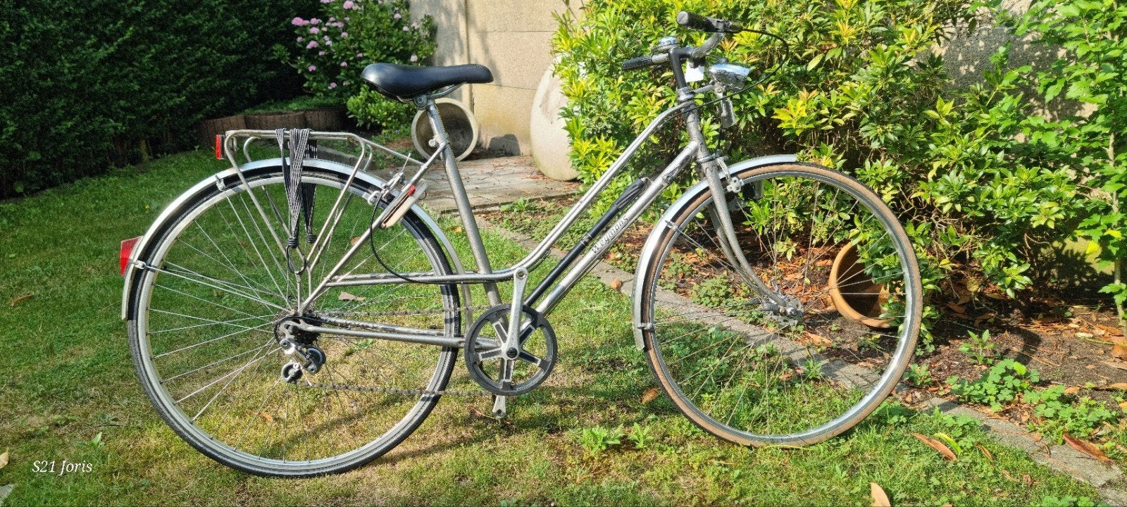 Dames fiets, zilvergrijs, 5 versnellingen, Fietsen en Brommers, Gebruikt, Velgrem, 47 tot 50 cm, Ophalen