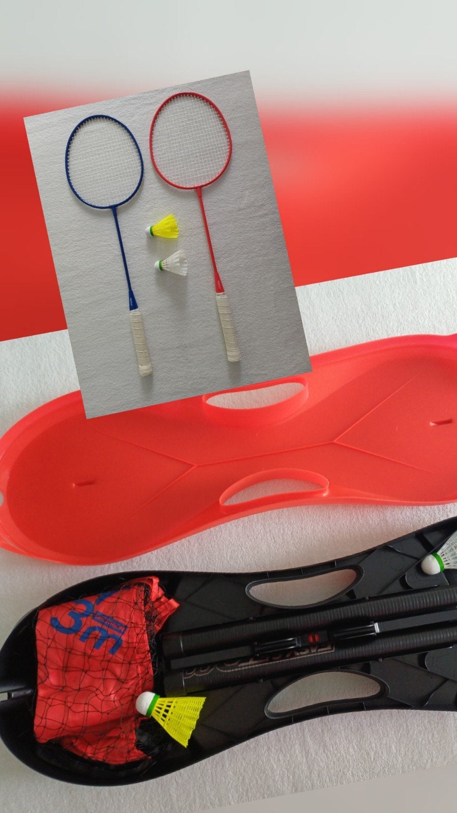 Set > badmintonnet + 2 rackets + 2 shuttles., Sport en Fitness, Badminton, Ophalen, Gebruikt, Racket(s)