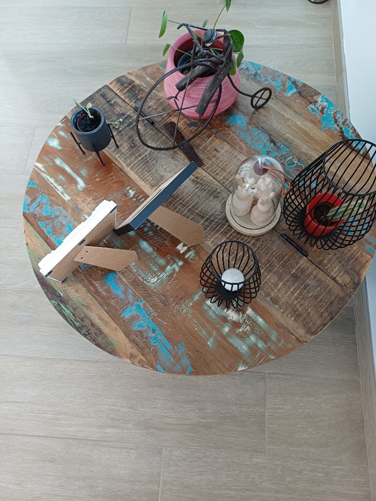 Ronde salontafel hout/zwart gelakt ijzer, Gebruikt, 50 tot 100 cm, Rond, 50 tot 100 cm