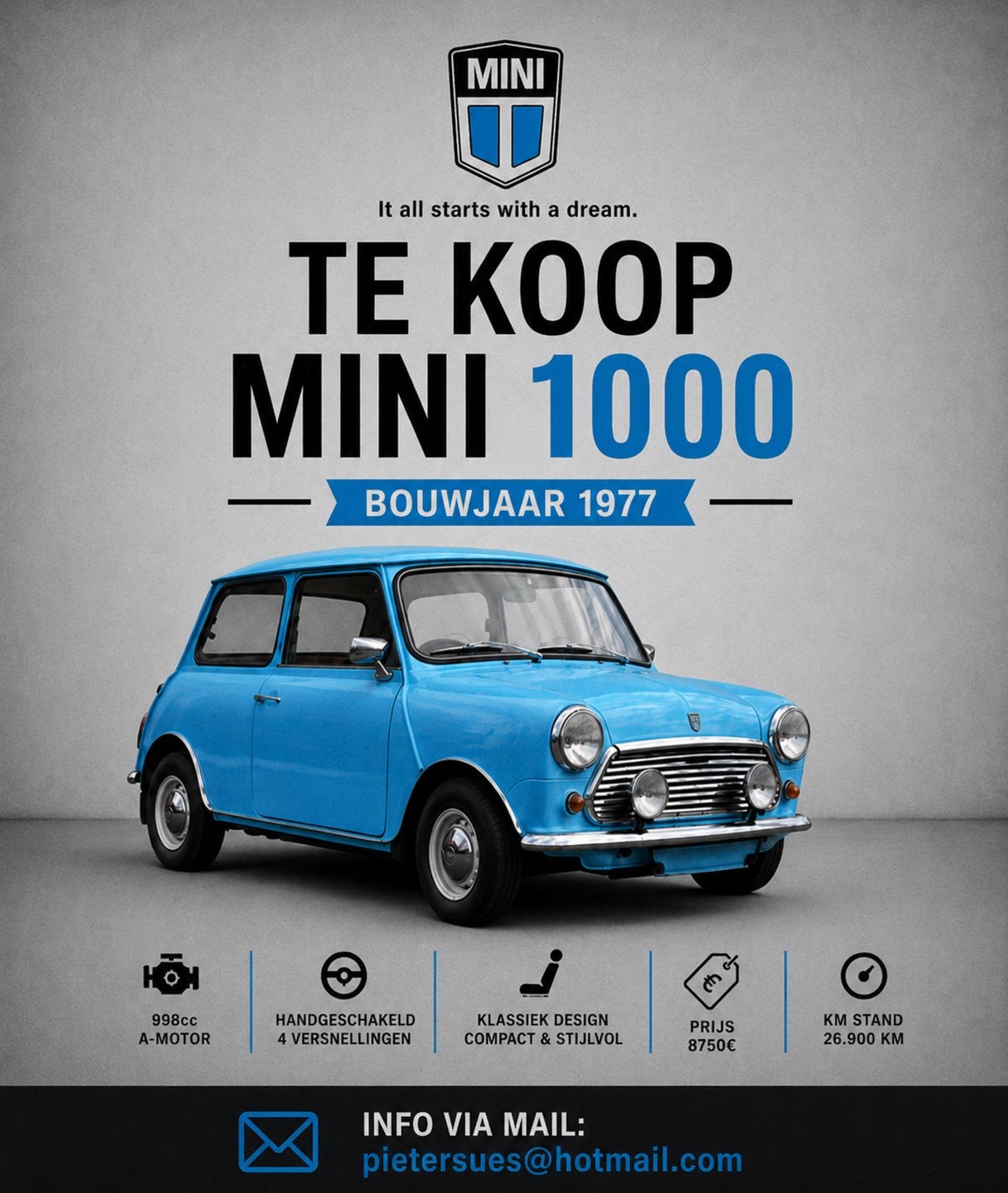 Mini classic 1977, Autos, Oldtimers & Ancêtres, Achat, Boîte manuelle, Autres couleurs, 2 portes