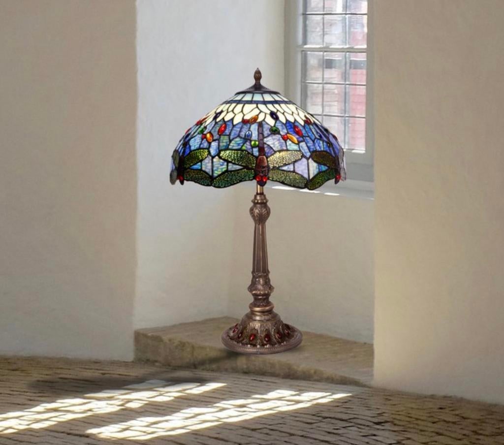 Tiffany-stijl Libelle Tafellamp Glas-in-Lood 30 cm Nieuw !, Huis en Inrichting, Lampen | Tafellampen, Nieuw, Glas, Ophalen of Verzenden