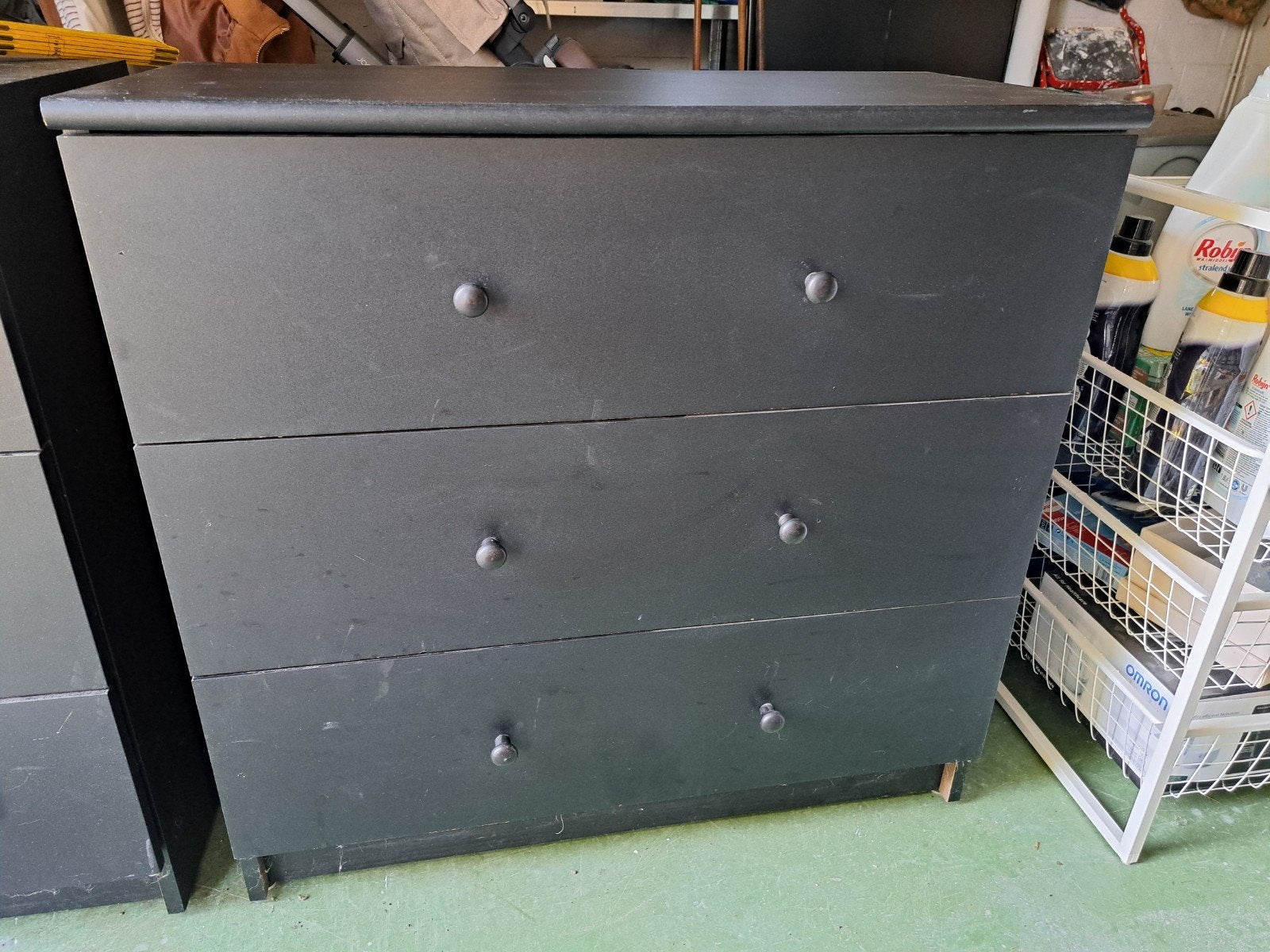 Zwart houten kastje met drie schuiven, Ophalen, Gebruikt, 50 tot 100 cm, 3 of 4 laden