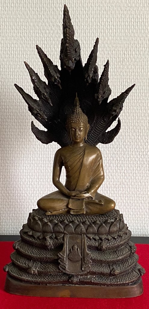 Bouddha en Bronze "NAGA" sur Trone de Serpent, 40 cm, Enlèvement ou Envoi, Bronze, Objet rituel