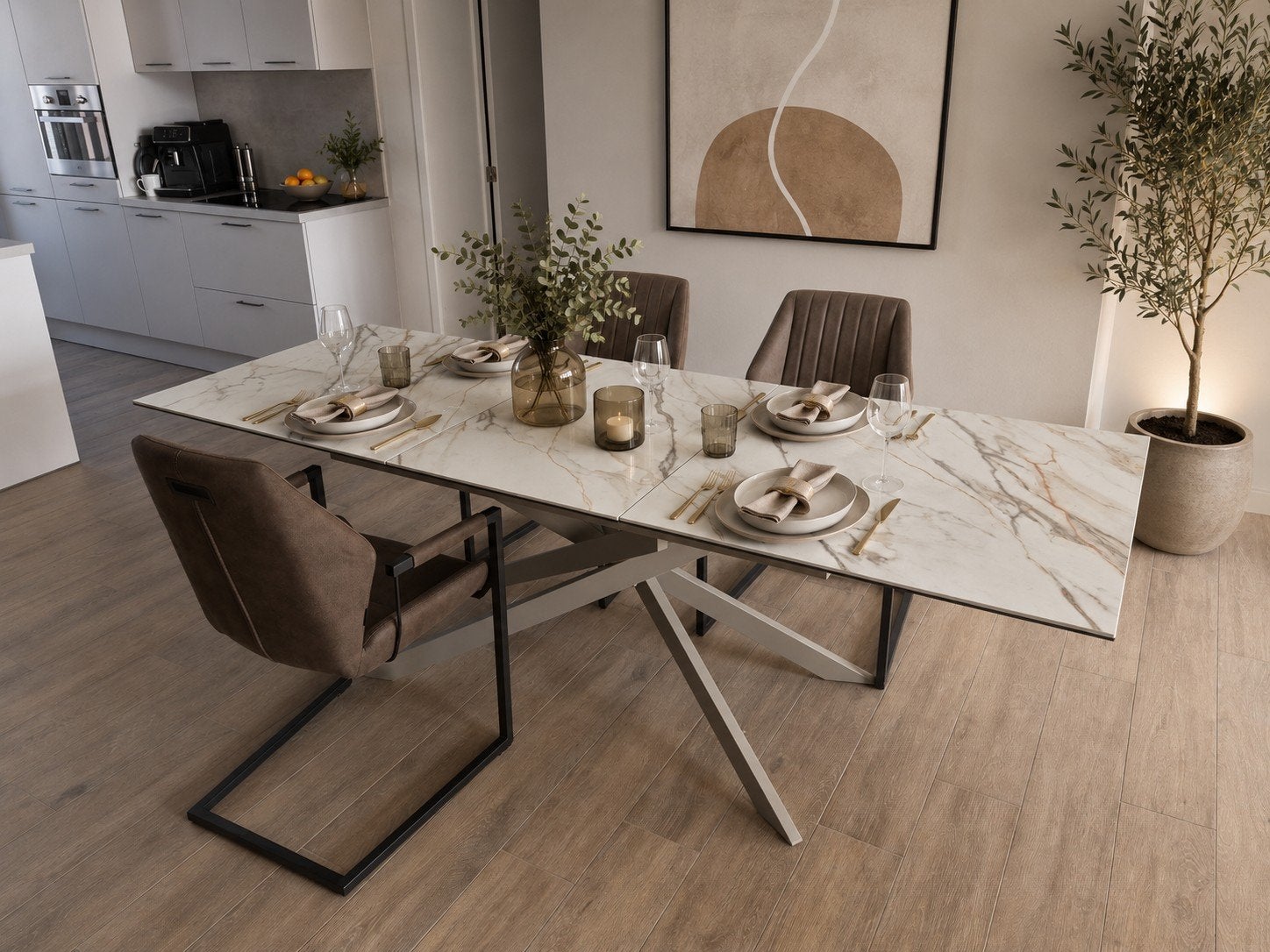 uitschuifbare tafel uit keramiek en glas, Huis en Inrichting, Ophalen, Glas, 50 tot 100 cm, Vijf personen of meer