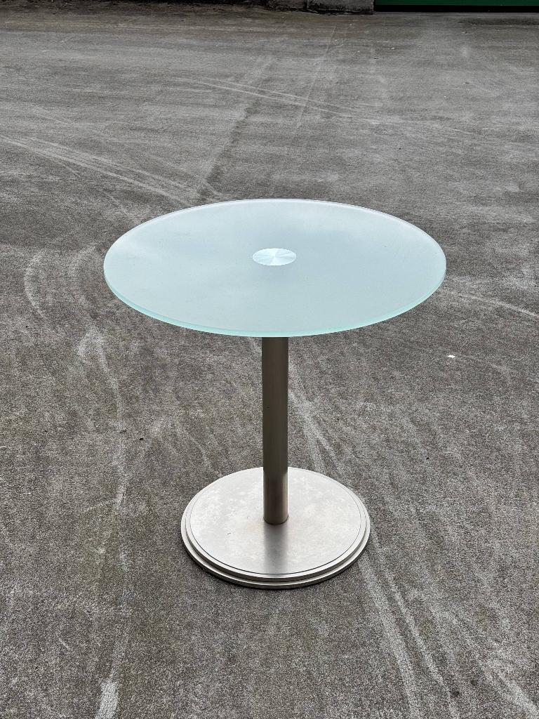Petite table ronde design en verre dépoli et métal brossé, Ophalen, Gebruikt, Rond, Glas