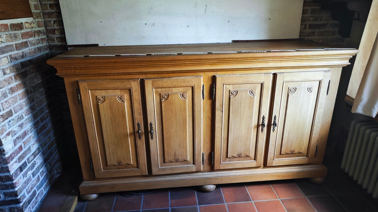 Massief eiken dressoir / buffetkast – 4 deuren – landelijk, Ophalen, Gebruikt, Eikenhout, 200 cm of meer