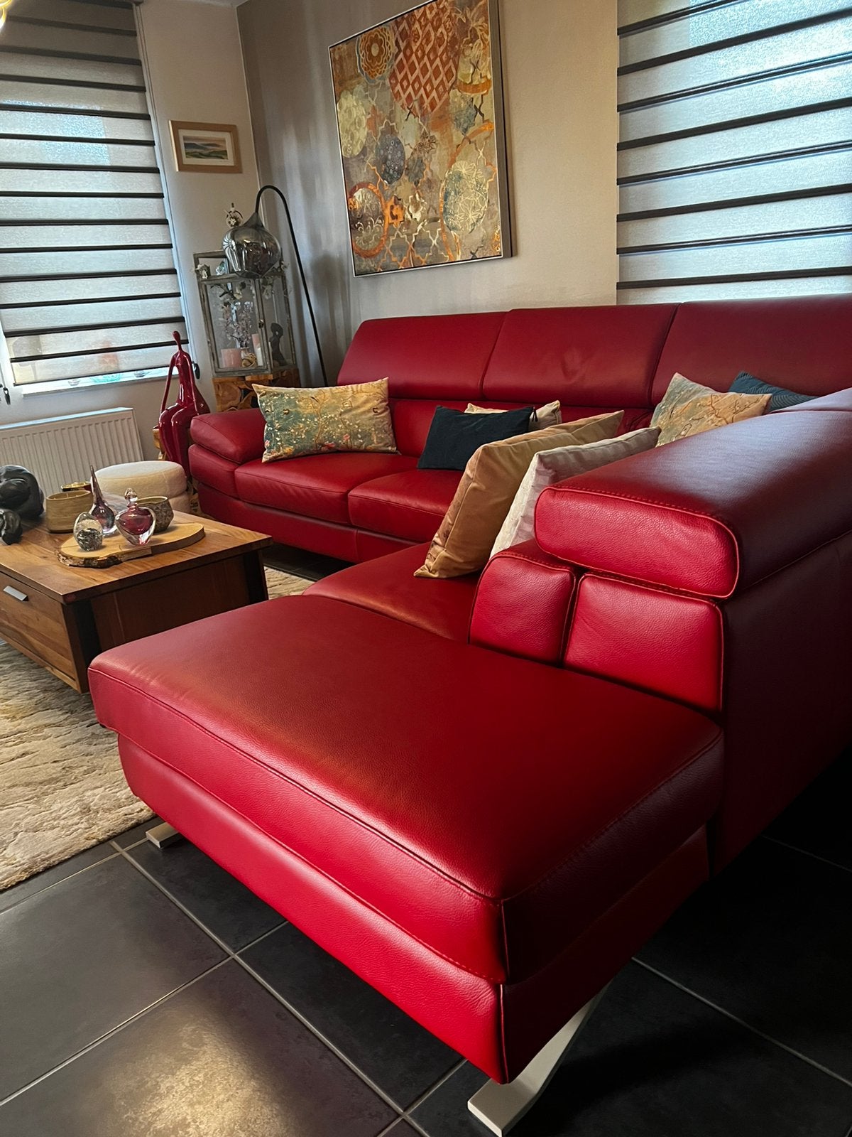 Salon cuir pleine fleur rouge - meridienne 2,3m - L3m, Enlèvement ou Envoi, Comme neuf, Cuir