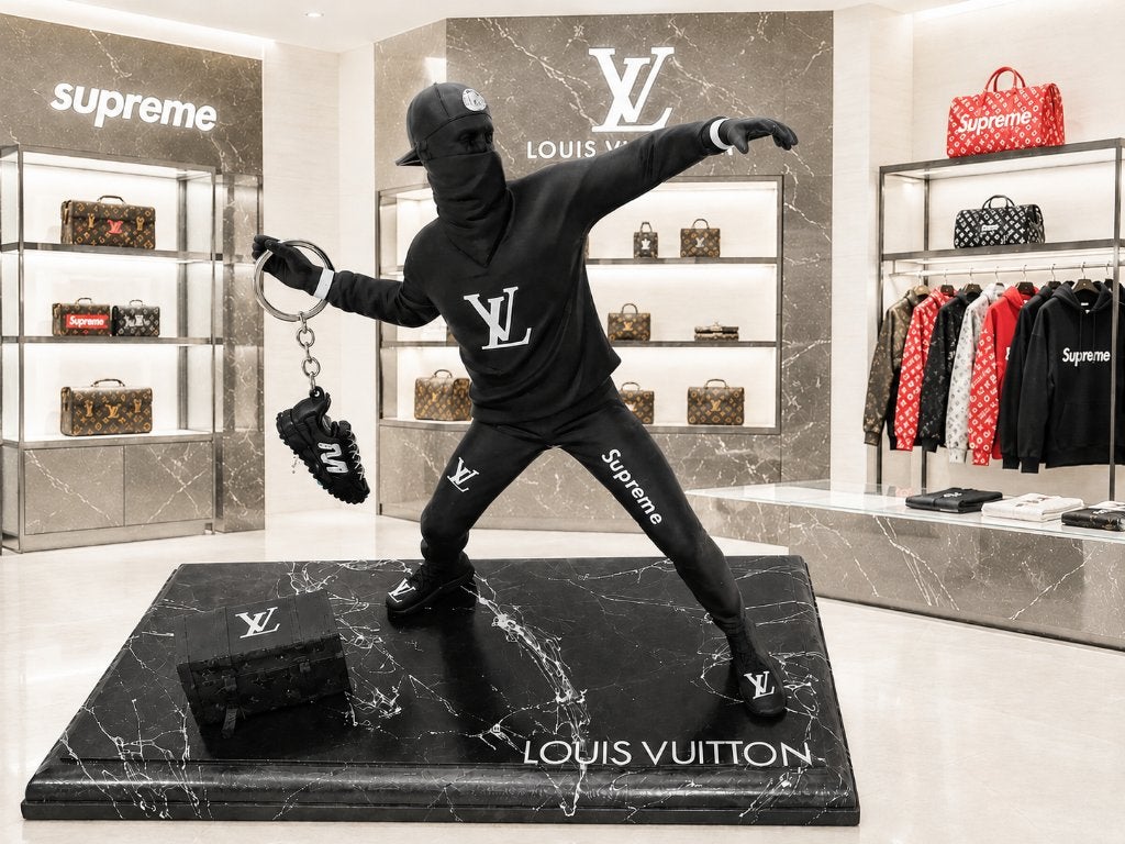 Ydderf - Banksy Supreme Louis Vuitton, Antiquités & Art, Art | Objets design, Sculpture, Enlèvement ou Envoi, Noir, 23 cm