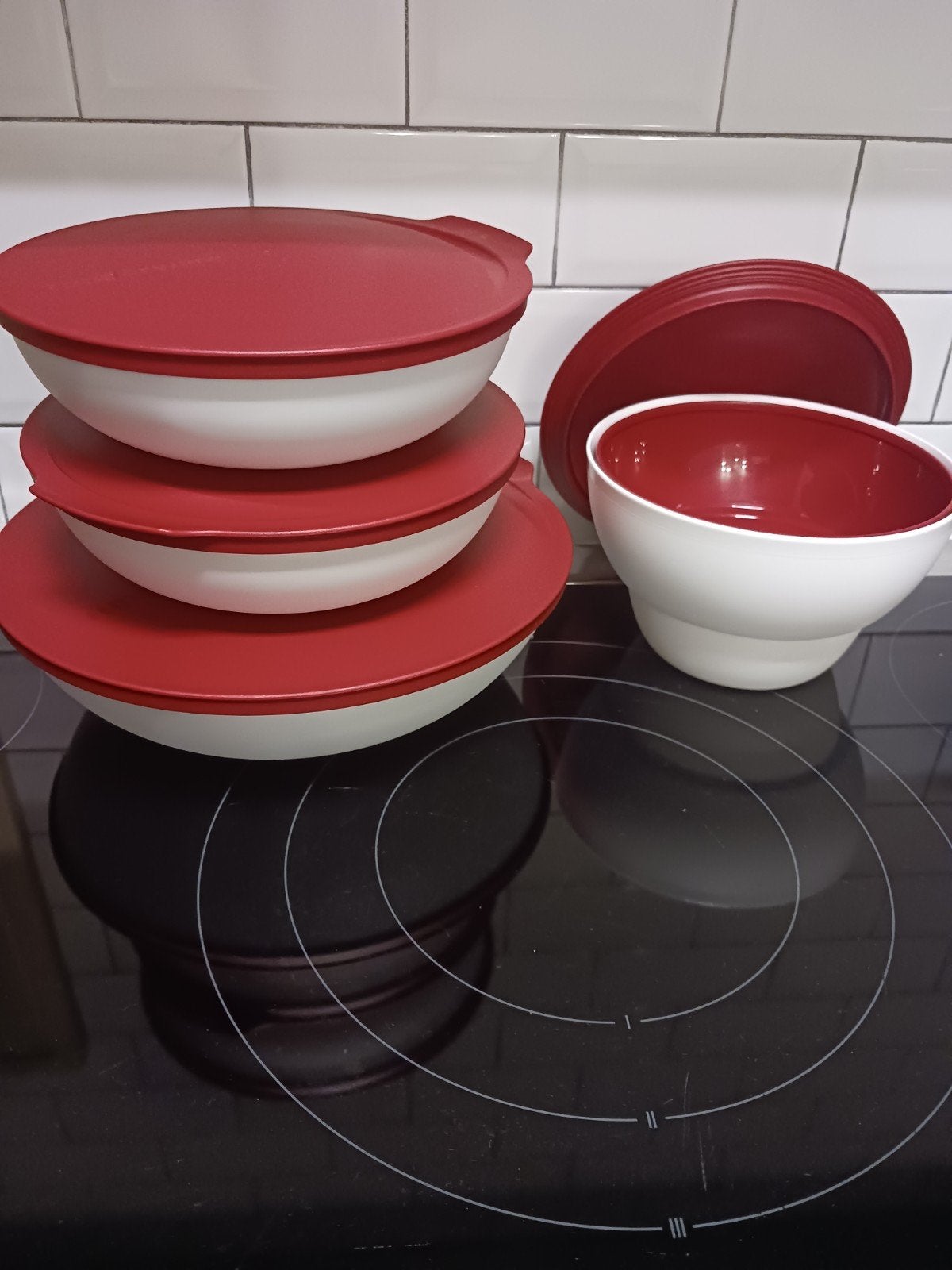 Allegra serveerschalen + potje Tupperware, Enlèvement ou Envoi, Utilisé, Rouge, Récipient ou Bol