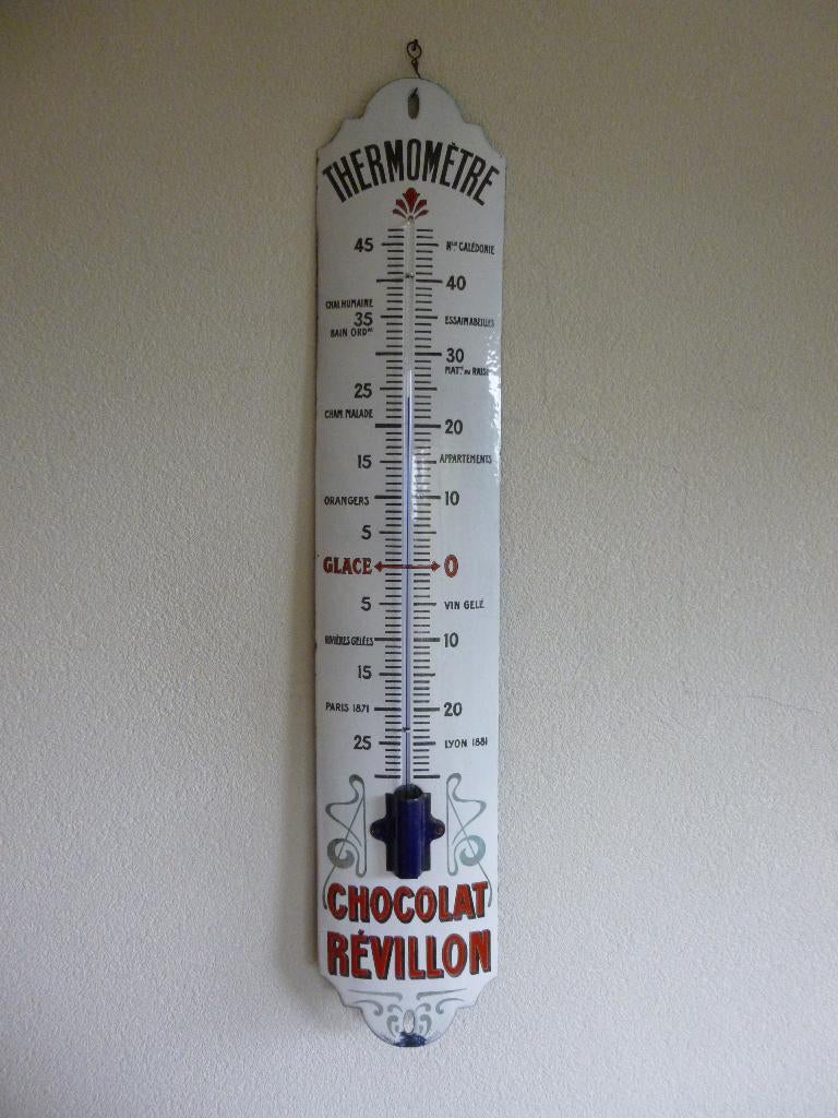 EMAILLE RECLAME THERMOMETER"CHOCOLAT REVILLON"UIT JAREN 30, Verzamelen, Ophalen of Verzenden, Zo goed als nieuw, Reclamebord