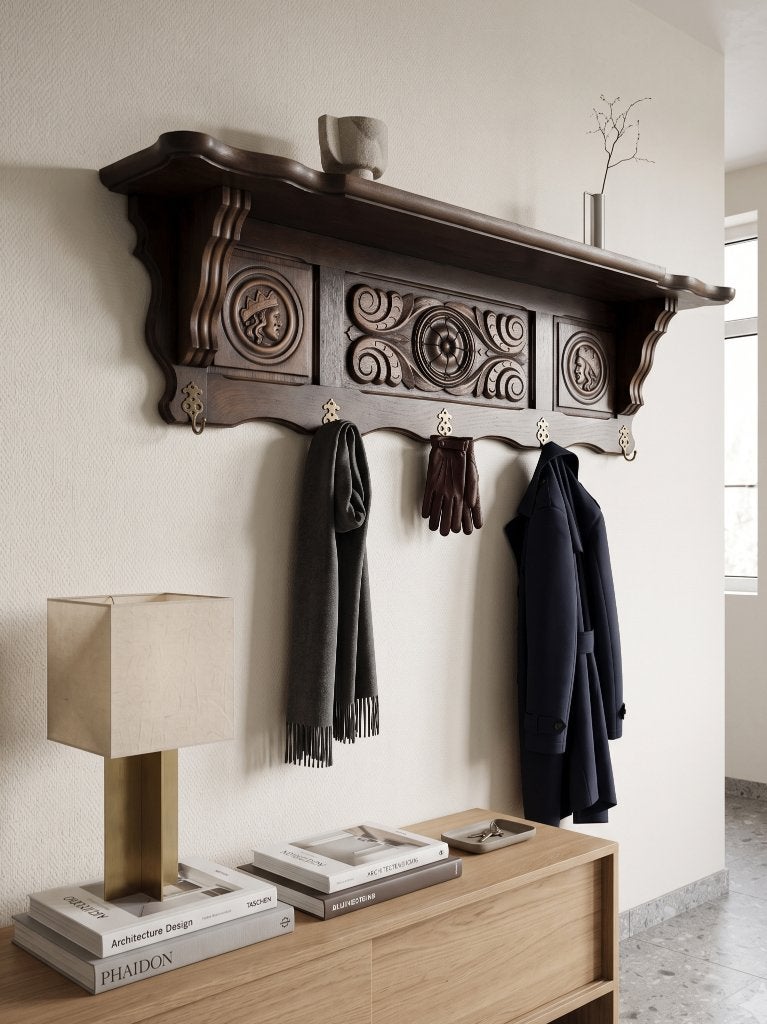 Porte-manteau mural en bois ancien & étagère et sculptures, Moins de 100 cm, Portemanteau mural, Enlèvement, Utilisé