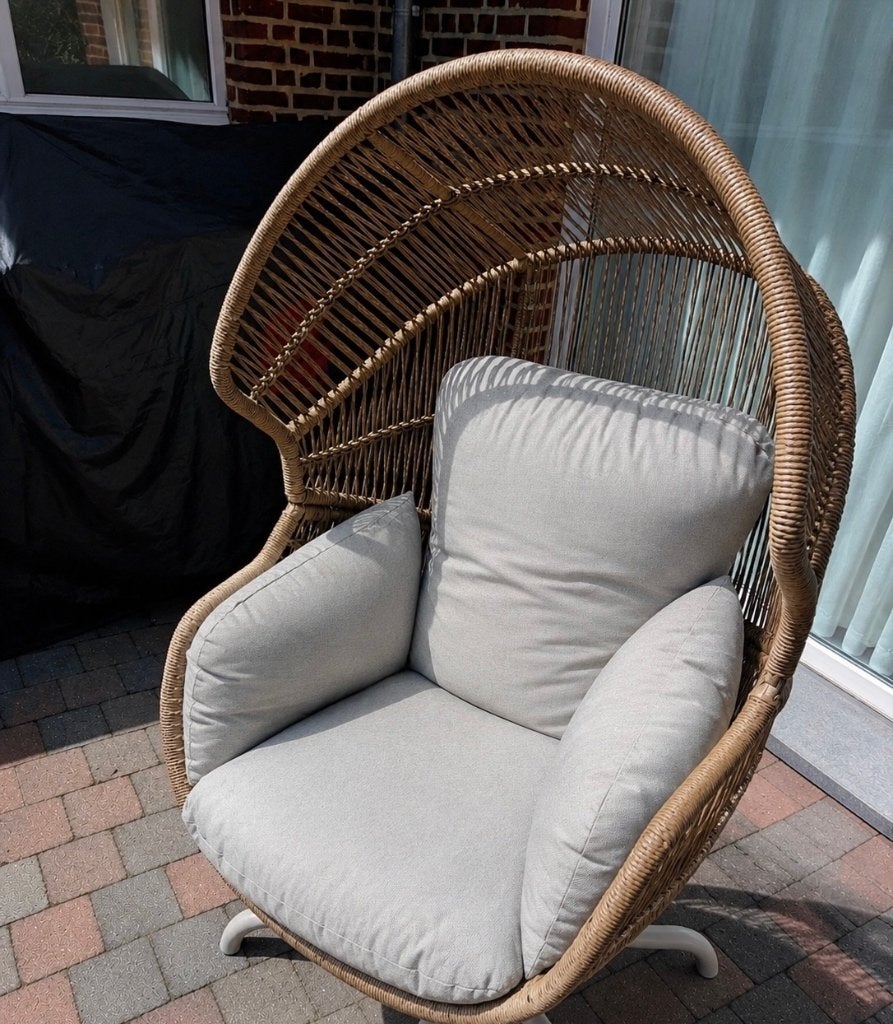 Lounge-/Eivormige Tuinstoel met Kussens – Zo goed als nieuw, Jardin & Terrasse, Chaises de jardin, Enlèvement, Comme neuf, Osier