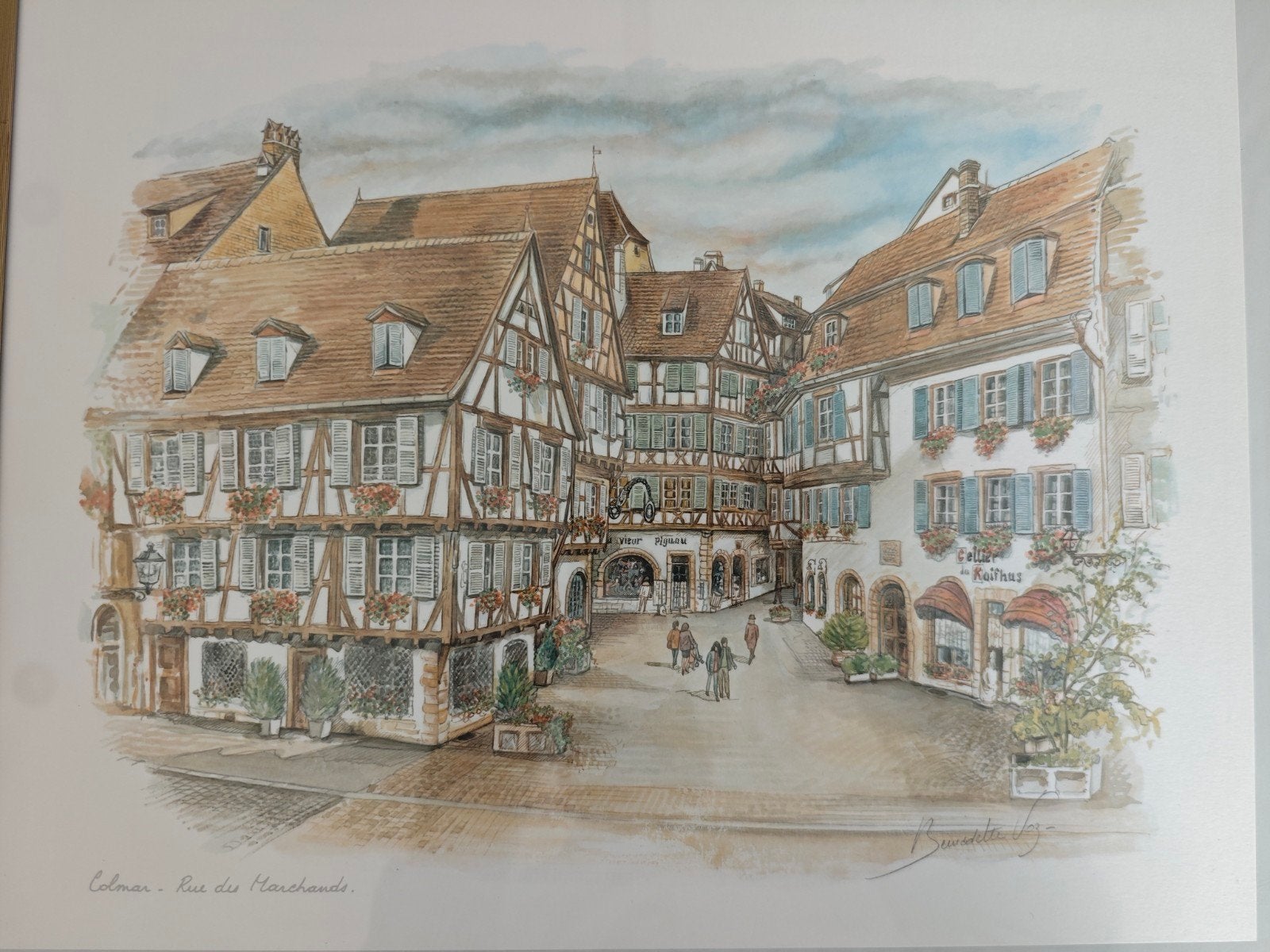 Bernadette Voz - Colmar Rue des Marchands, Antiek en Kunst, Gesigneerd in de plaat, Ophalen of Verzenden, Landschappen, Lithografie