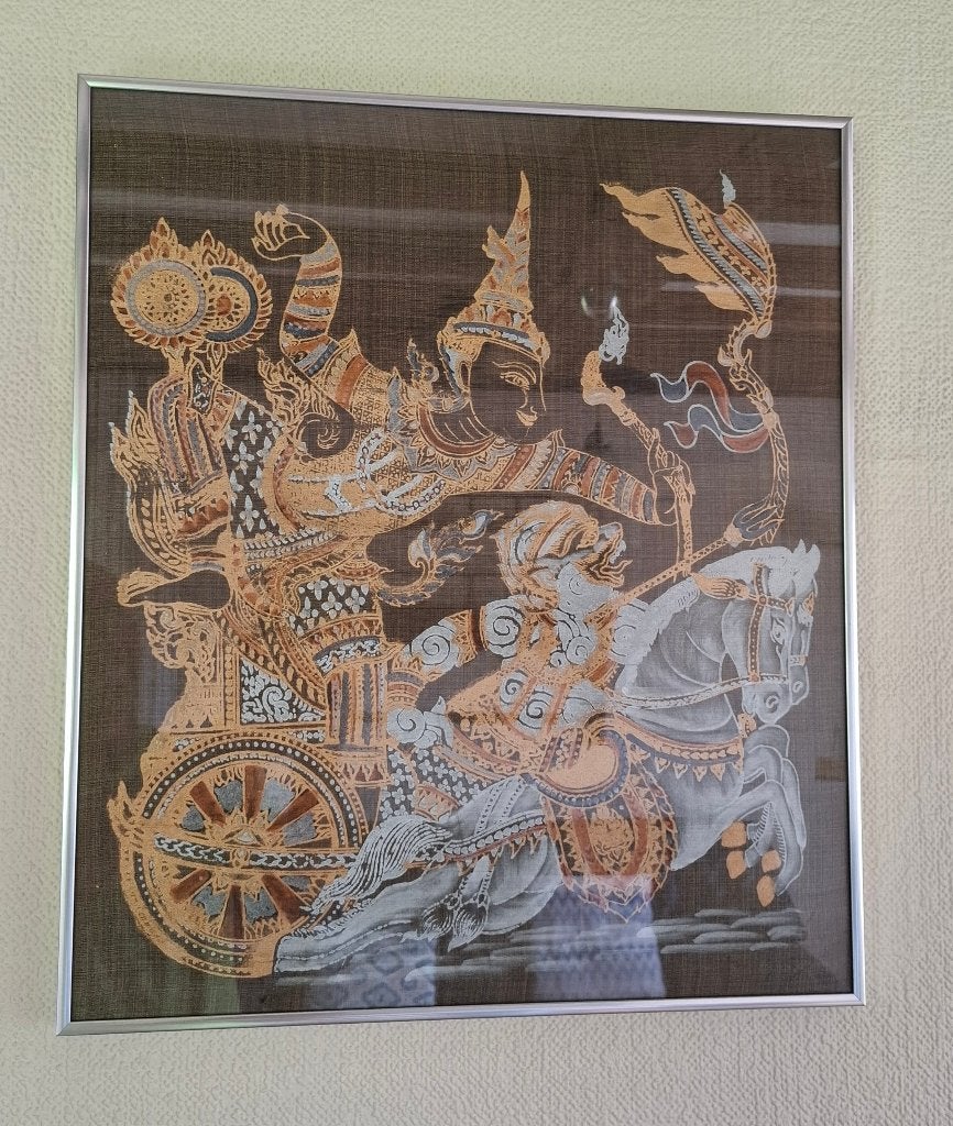 Tableau Vintage an70, Peinture sur Soie Thaï, Ramakien, Enlèvement, Vintage, Sous verre