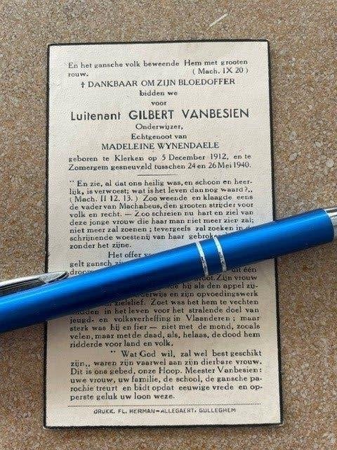 40-45 Luitenant 23ste Liniereg VANBESIEN + Zomergem mei 1940, Ophalen of Verzenden, Bidprentje