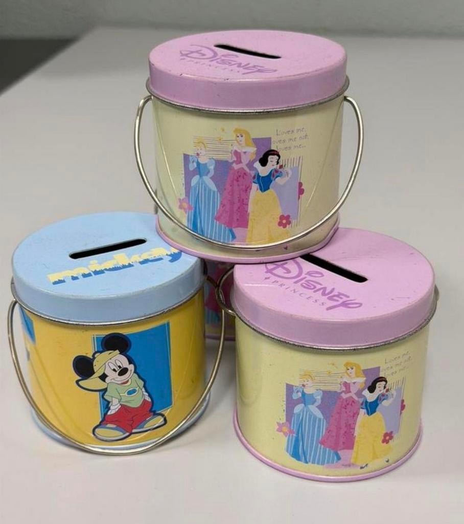 Ensemble tirelires vintage Disney 4 pièces Mickey Princess, Collections, Tirelires, Enlèvement ou Envoi, Comme neuf, Métal ou Fer blanc