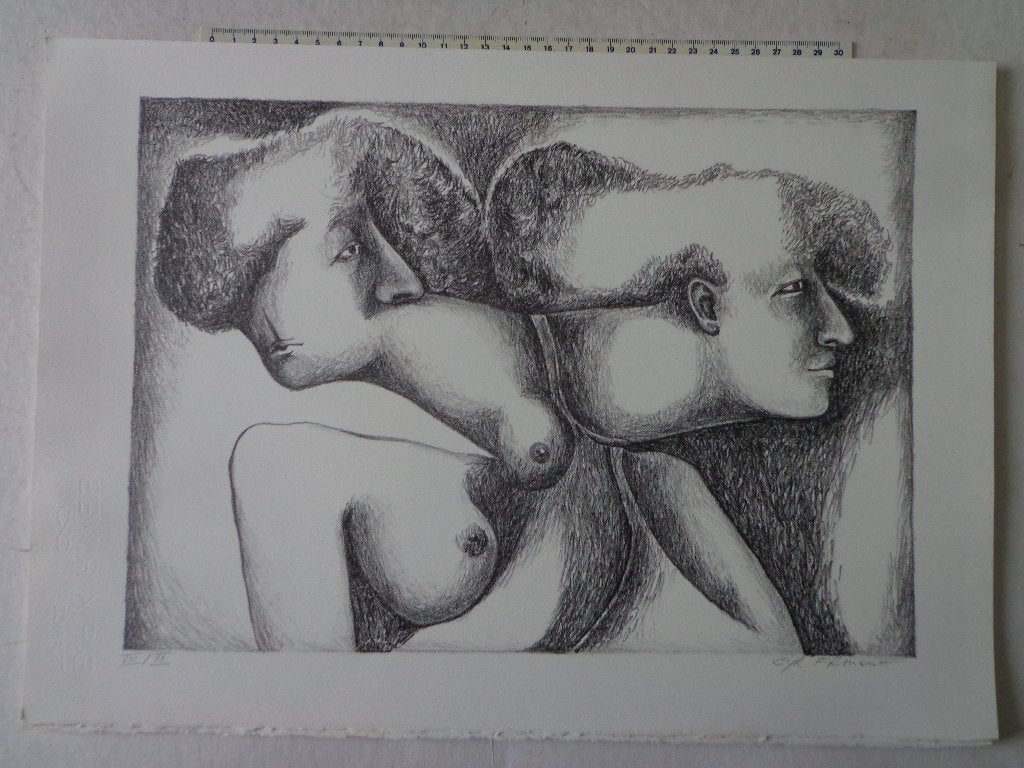 surrealistische litho Cyr Frimout met naakte vrouw, Ophalen of Verzenden