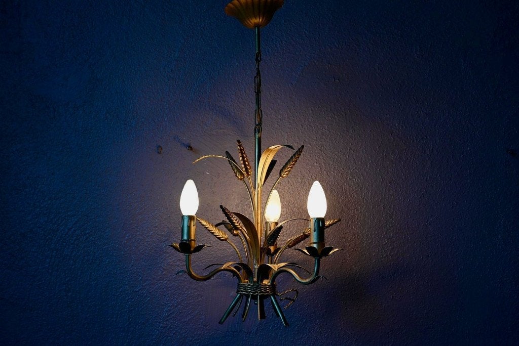 Gouden tarweoorkroonluchter met 3 lampen uit de jaren 70, Ophalen, Gebruikt, Vintage, Overige fittingen