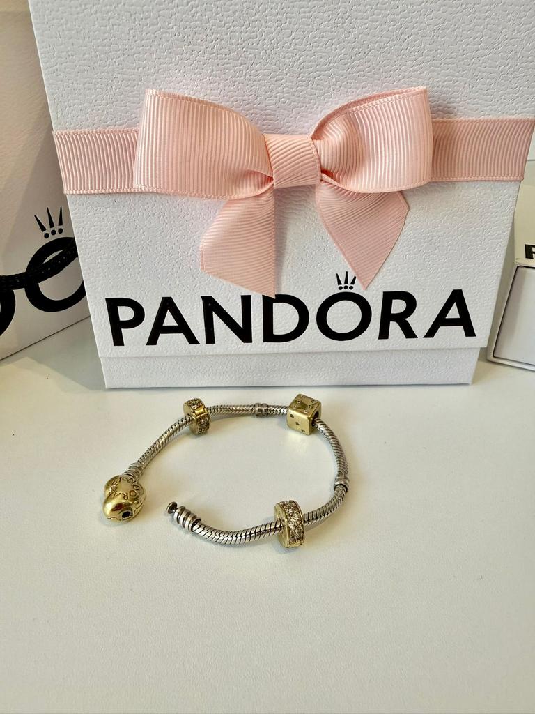 Pandora armband (zilver met gouden slotje) originele bagels, Ophalen, Zo goed als nieuw, Zilver