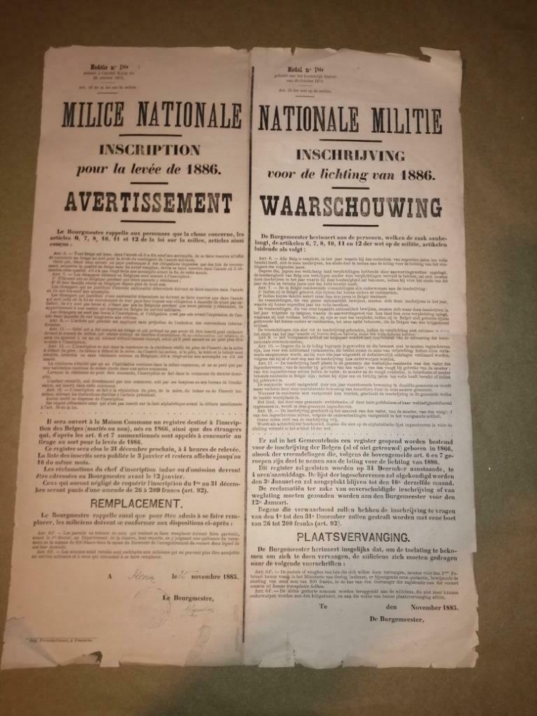 BELGIQUE - FLENU - AFFICHE LEVEE 1886 - MILICE NATIONALE, Enlèvement ou Envoi, Armée de terre, Photo ou Poster