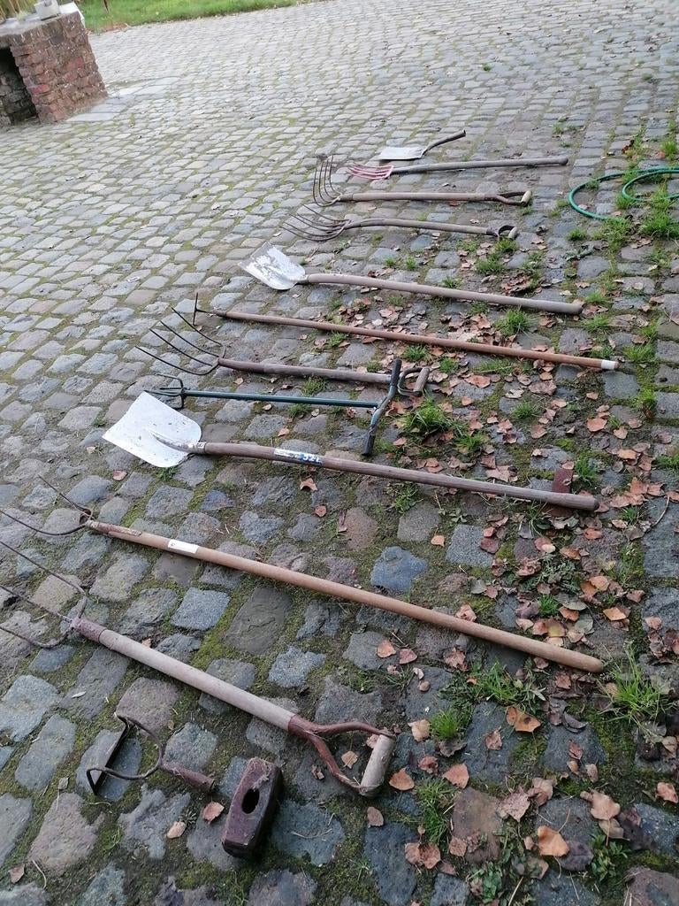 vieux outils de jardinage : fourchettes, pelles, talon, coup, Enlèvement, Cultivateur